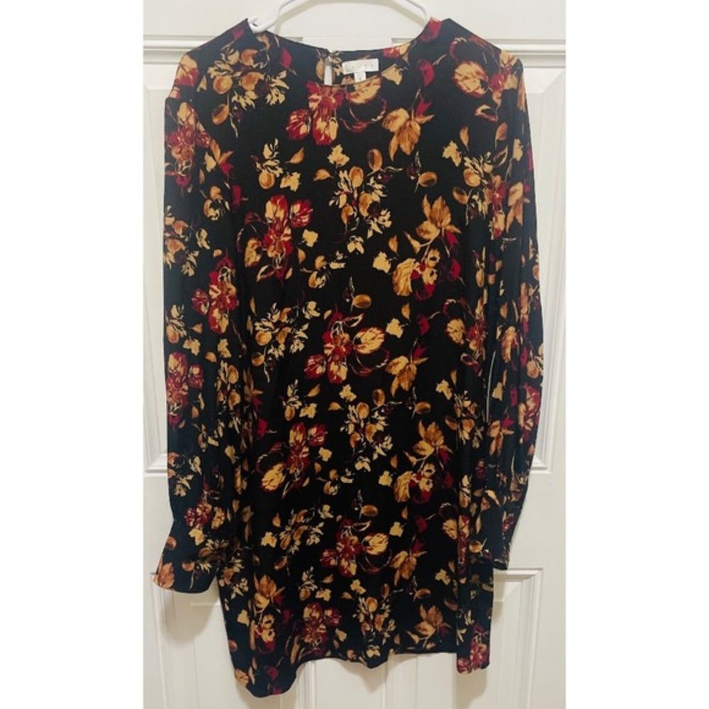Leith Floral Print Mini Dress Long‎ Sleeve Wrap Black Red Size M - Picture 2 of 5